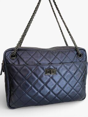 Chanel Reissue Style Navy Quilted Calfskin Shoulder Bag Ruthenium Chain Medium